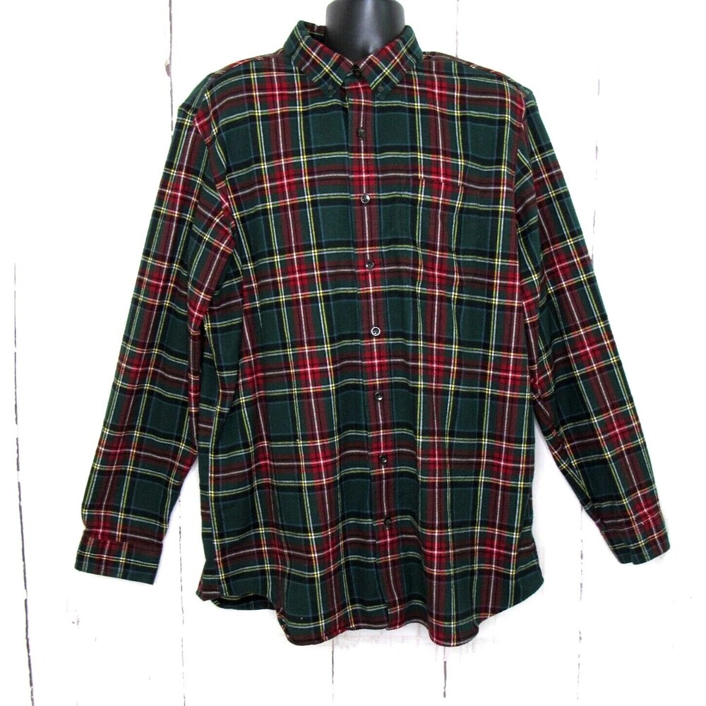 L.L. Bean Men's Scotch Plaid Flannel Shirt Traditional Fit Green Red Size XLT